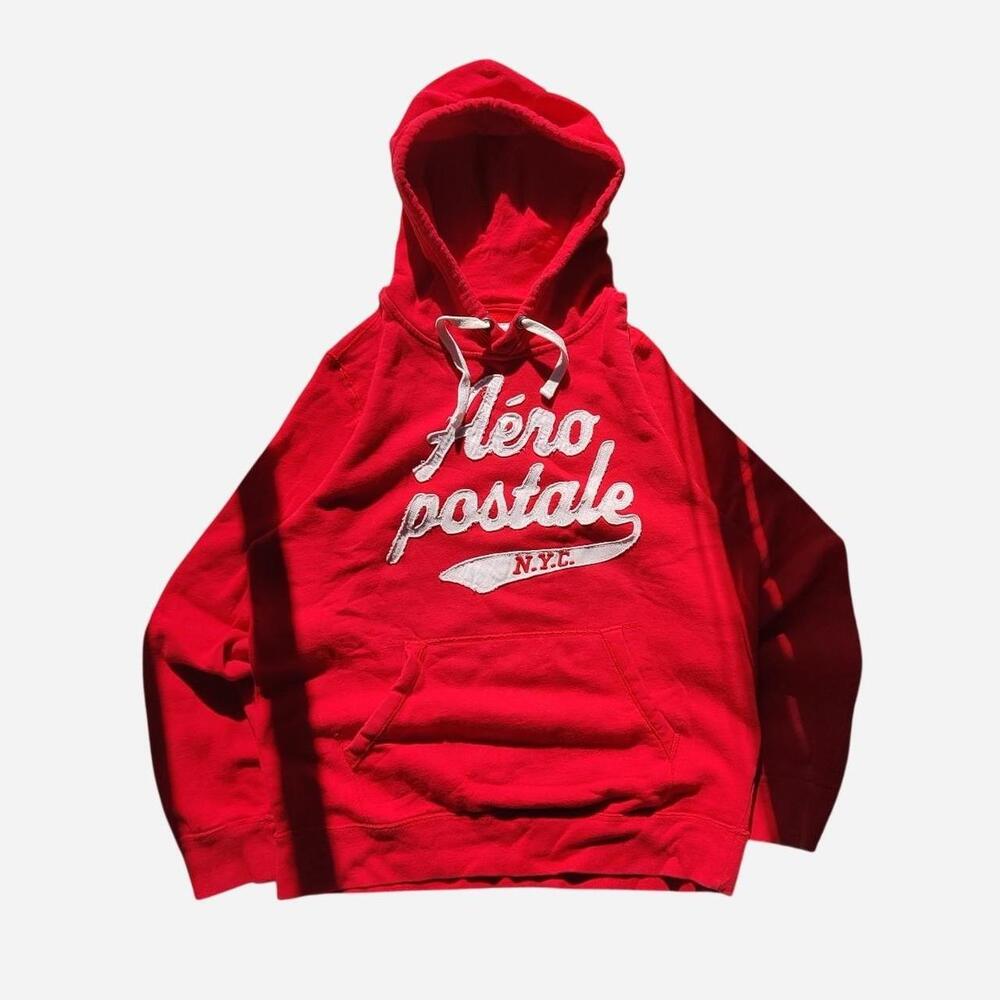 Aeropostale red spellout hoodie with a distressed look